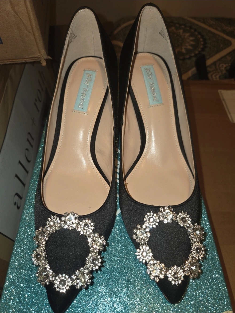 Betsey Johnson Black Pointed-Toe Pumps with Crystal Floral Buckles